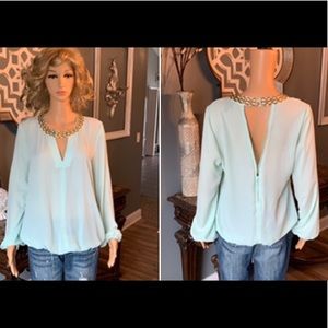 Mint Green Balloon Sleeve Open Back Blousse